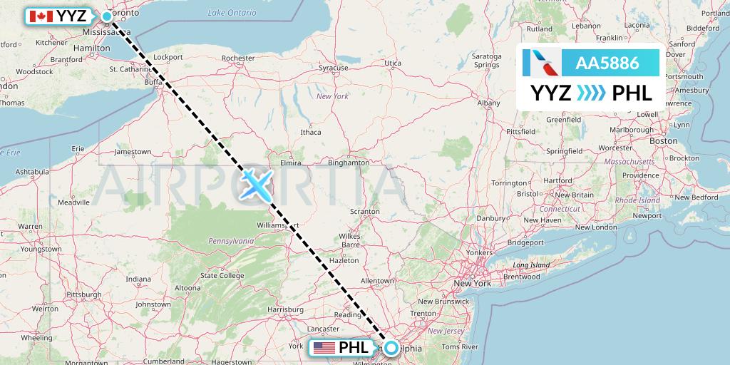 AA5886 American Airlines Flight Map: Toronto to Philadelphia