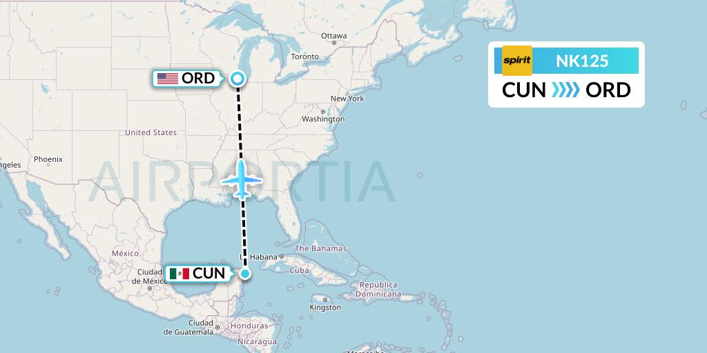 NK125 Spirit Airlines Flight Map: Cancun to Chicago