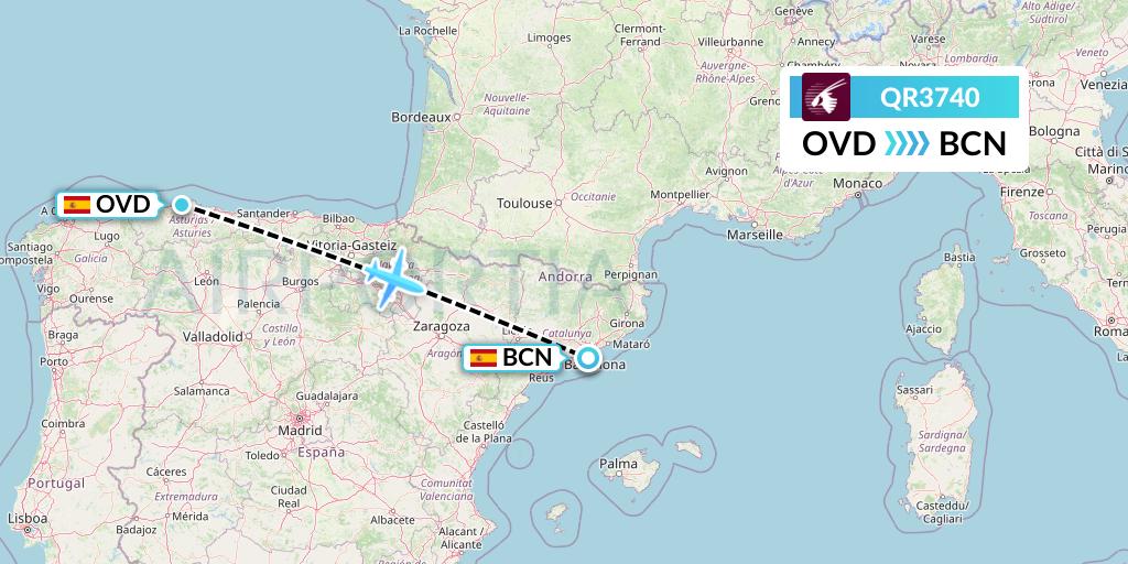 QR3740 Qatar Airways Flight Map: Asturias to Barcelona
