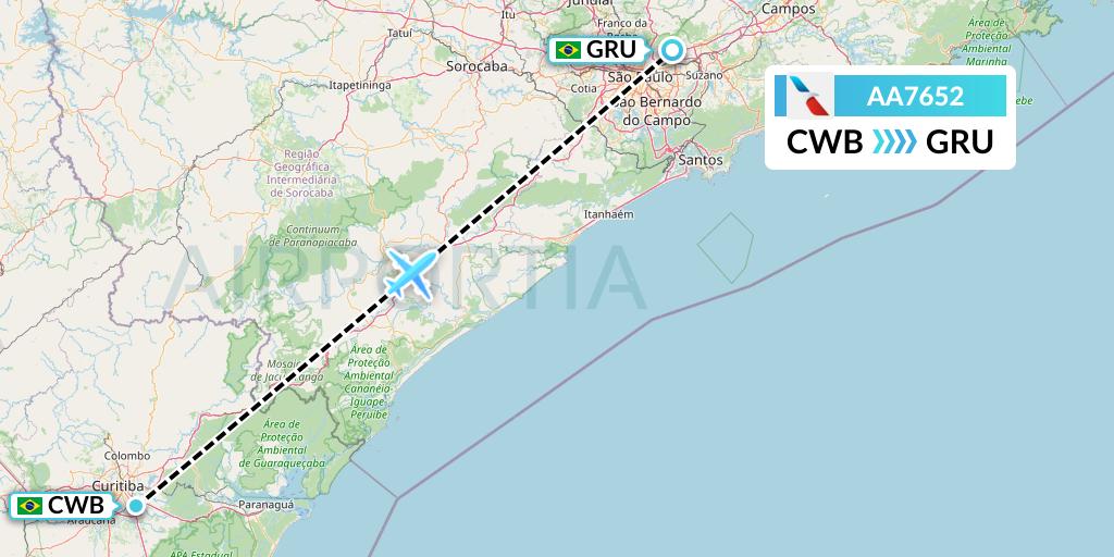 AA7652 American Airlines Flight Map: Curitiba to Sao Paulo