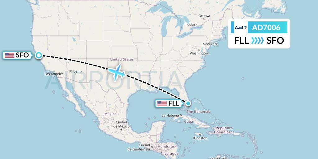 AD7006 Azul Brazilian Airlines Flight Map: Fort Lauderdale to San Francisco