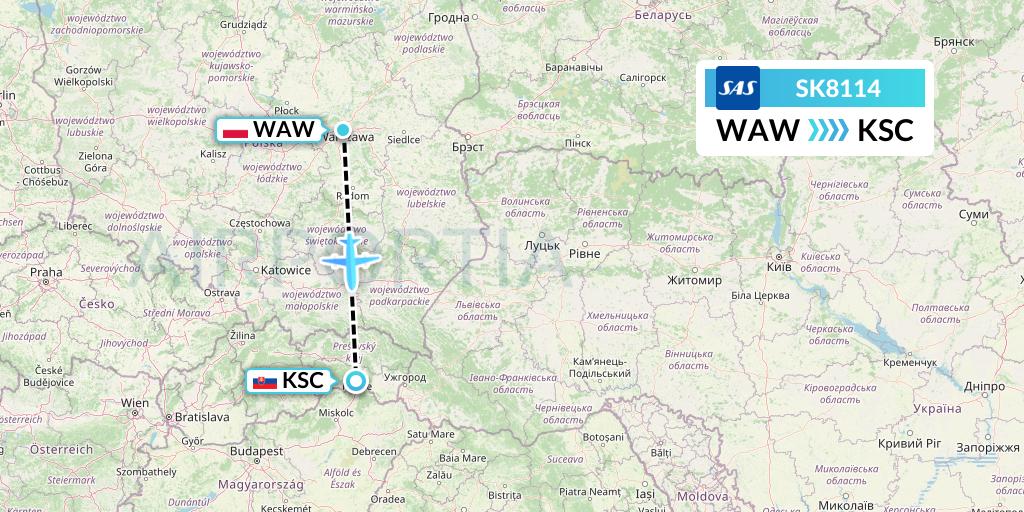 SK8114 SAS Flight Map: Warsaw to Kosice