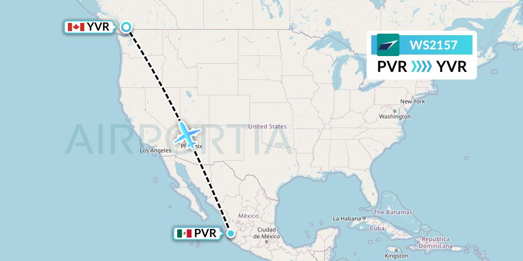 WS2157 WestJet Flight Map: Puerto Vallarta to Vancouver