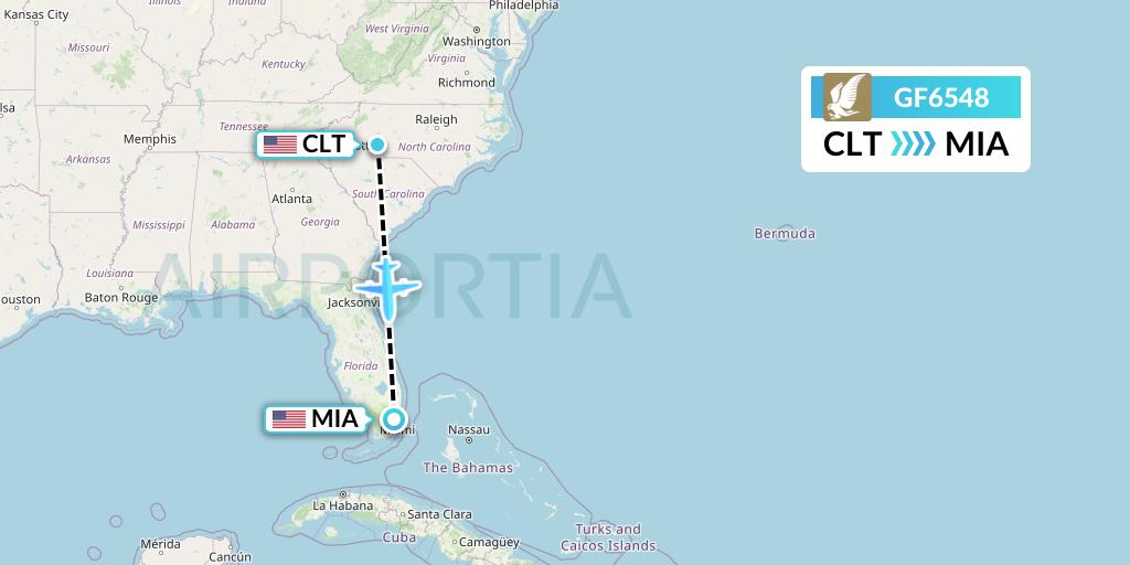GF6548 Gulf Air Flight Map: Charlotte to Miami