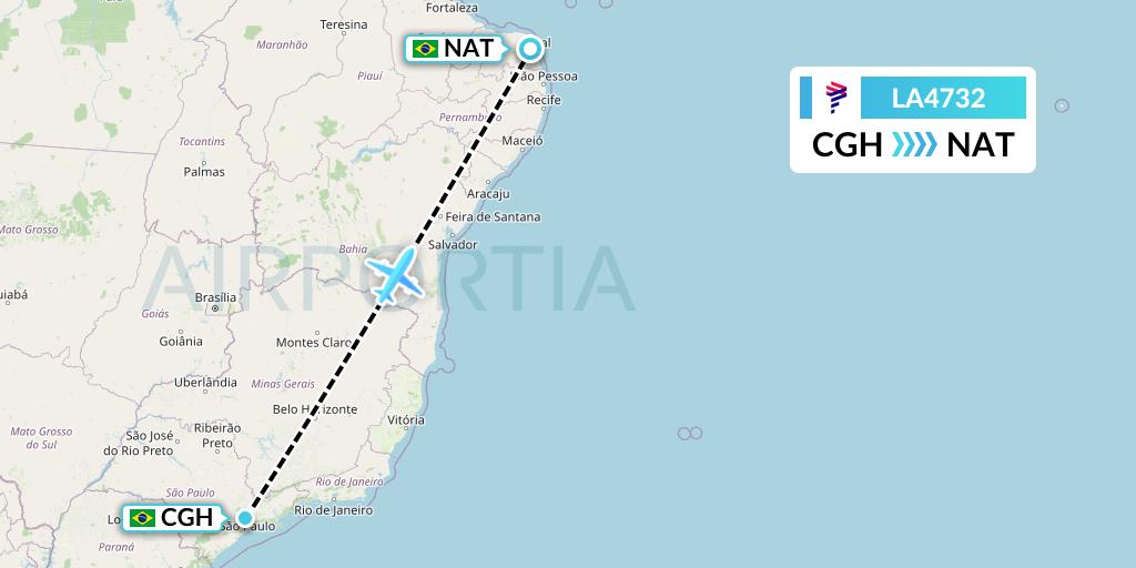 LA4732 LAN Airlines Flight Map: Sao Paulo to Natal