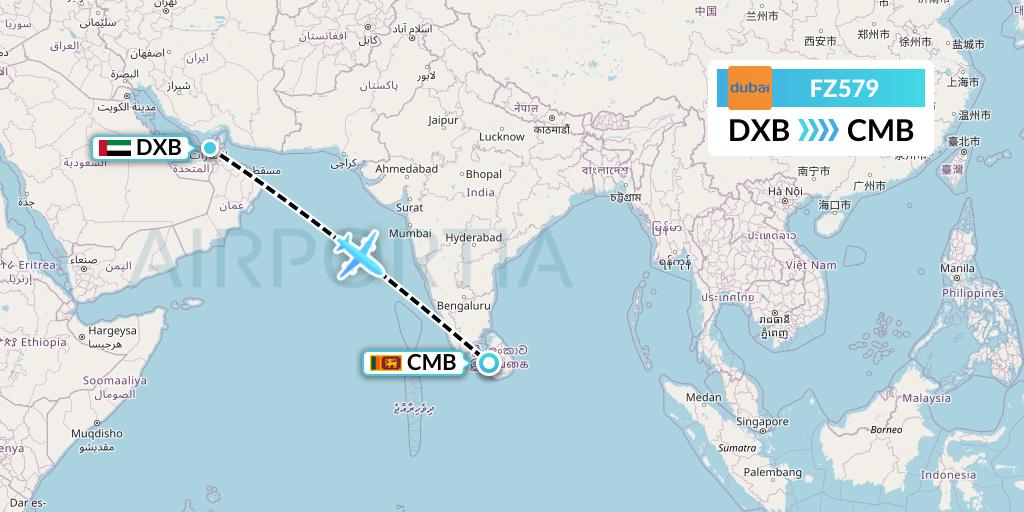 FZ579 FlyDubai Flight Map: Dubai to Colombo