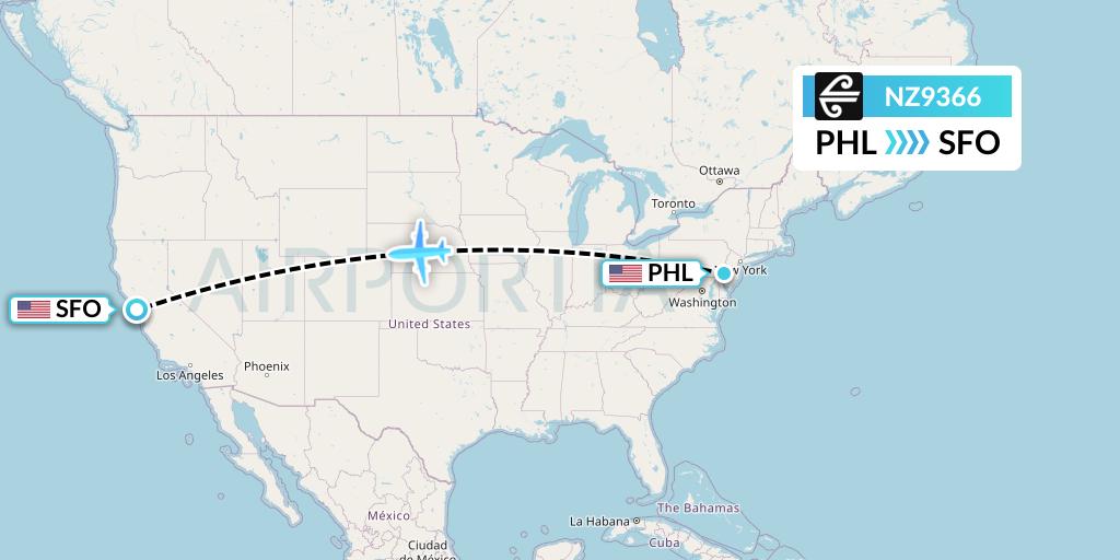 NZ9366 Air New Zealand Flight Map: Philadelphia to San Francisco