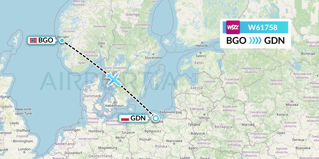 W61758 Wizz Air Flight Map: Bergen to Gdansk