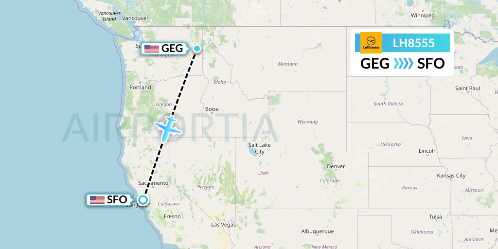 LH8555 Lufthansa Flight Map: Spokane to San Francisco
