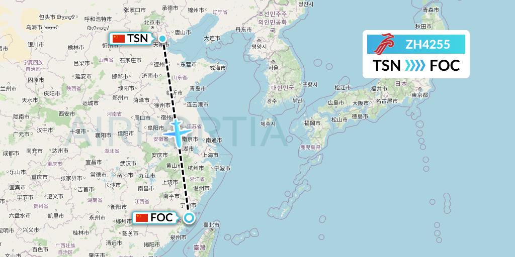 ZH4255 Shenzhen Airlines Flight Map: Tianjin to Fuzhou