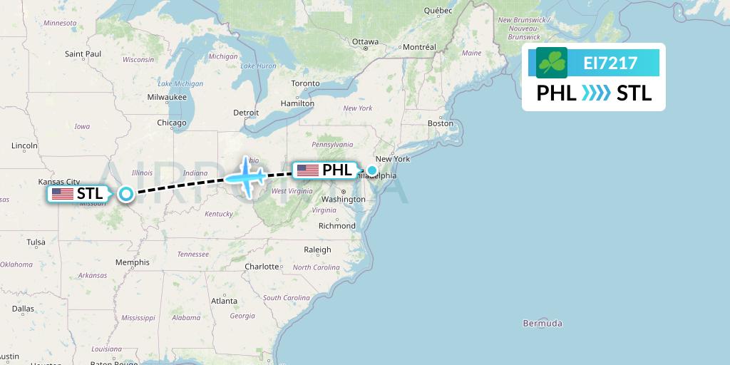 EI7217 Aer Lingus Flight Map: Philadelphia to St. Louis