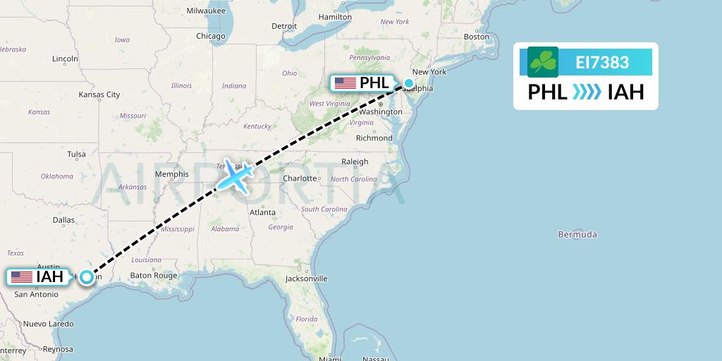 EI7383 Aer Lingus Flight Map: Philadelphia to Houston