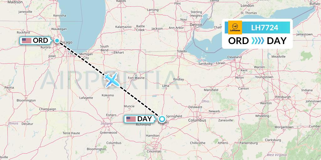 LH7724 Lufthansa Flight Map: Chicago to Dayton