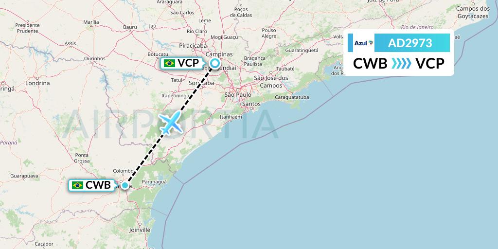AD2973 Azul Brazilian Airlines Flight Map: Curitiba to Campinas