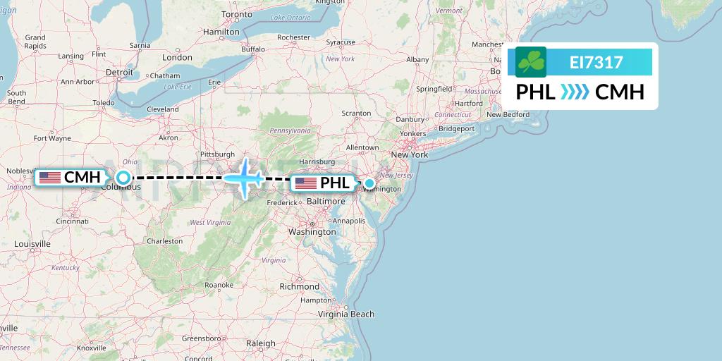EI7317 Aer Lingus Flight Map: Philadelphia to Columbus