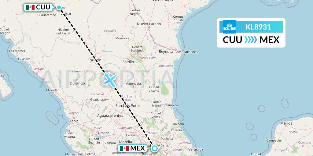 KL8931 KLM Flight Map: Chihuahua to Mexico City