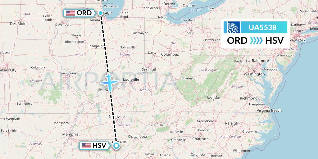 UA5538 United Airlines Flight Map: Chicago to Huntsville