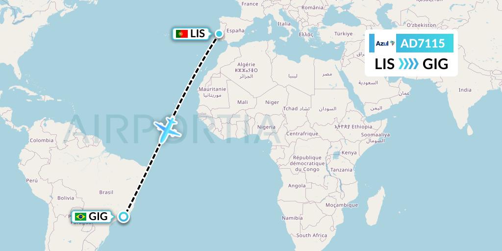 AD7115 Azul Brazilian Airlines Flight Map: Lisbon to Rio de Janeiro