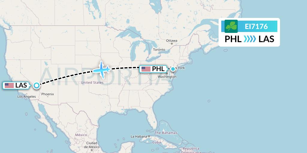 EI7176 Aer Lingus Flight Map: Philadelphia to Las Vegas