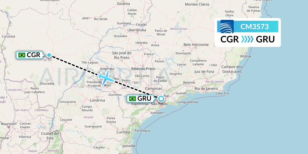 CM3573 Copa Airlines Flight Map: Campo Grande to Sao Paulo