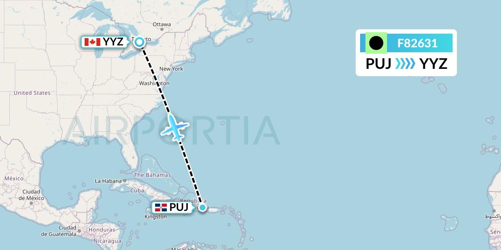 F82631 Flair Airlines Flight Map: Punta Cana to Toronto