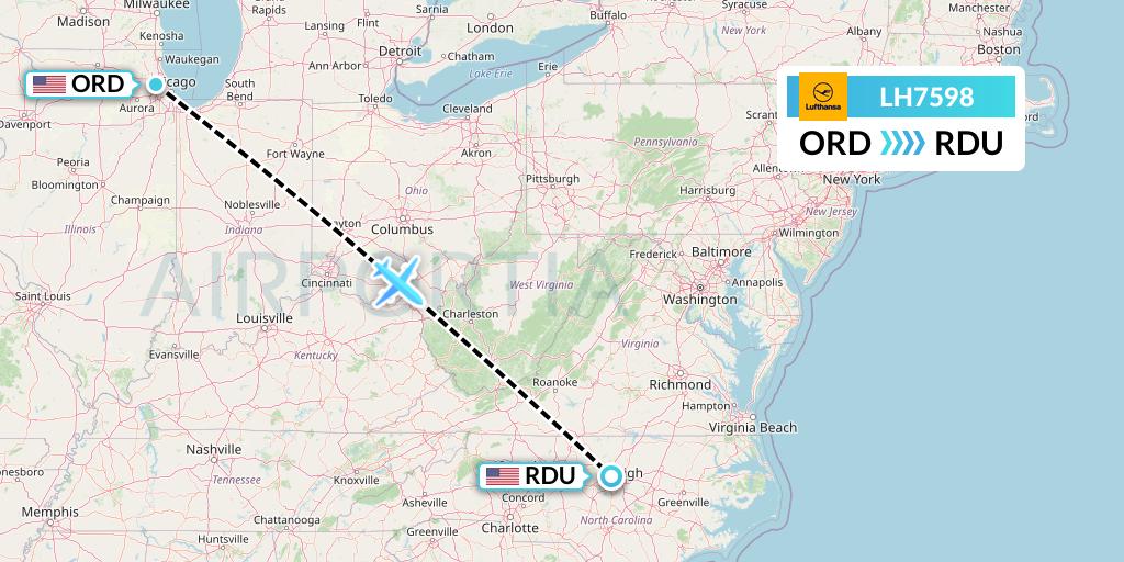LH7598 Lufthansa Flight Map: Chicago to Raleigh-Durham