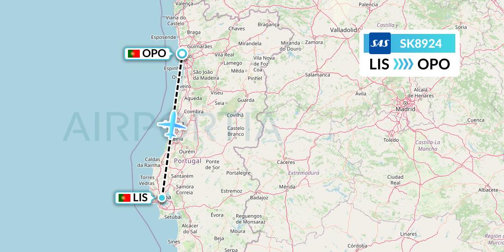SK8924 SAS Flight Map: Lisbon to Porto