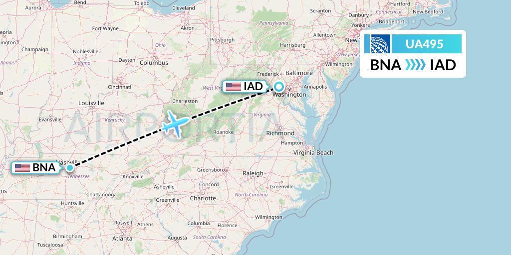 UA495 United Airlines Flight Map: Nashville to Washington