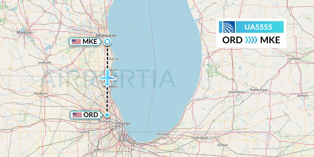 UA5555 United Airlines Flight Map: Chicago to Milwaukee