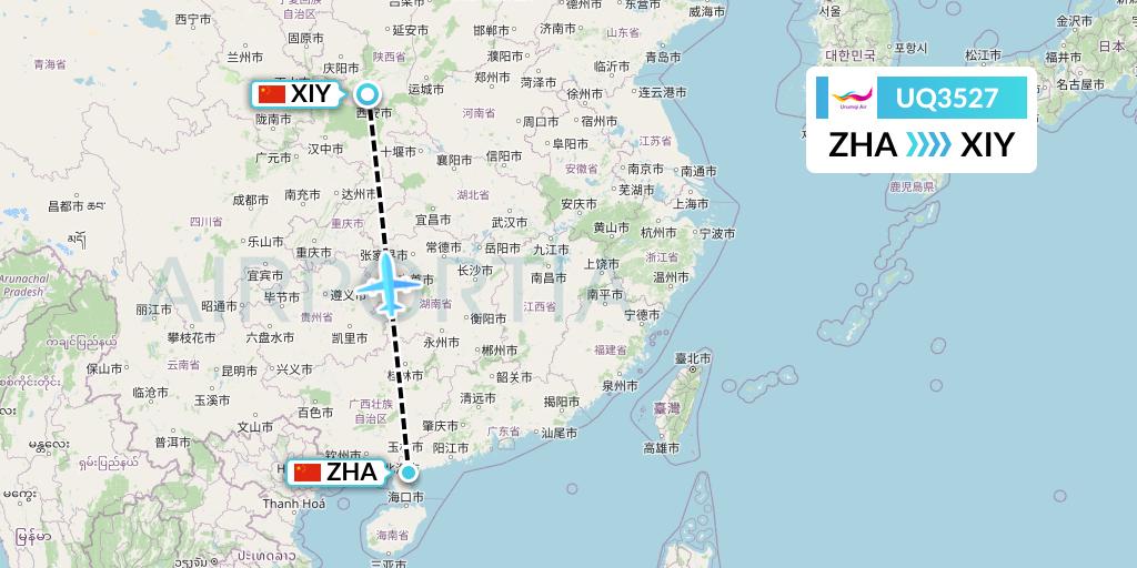 UQ3527 Urumqi Airlines Flight Map: Zhanjiang to Xi'an