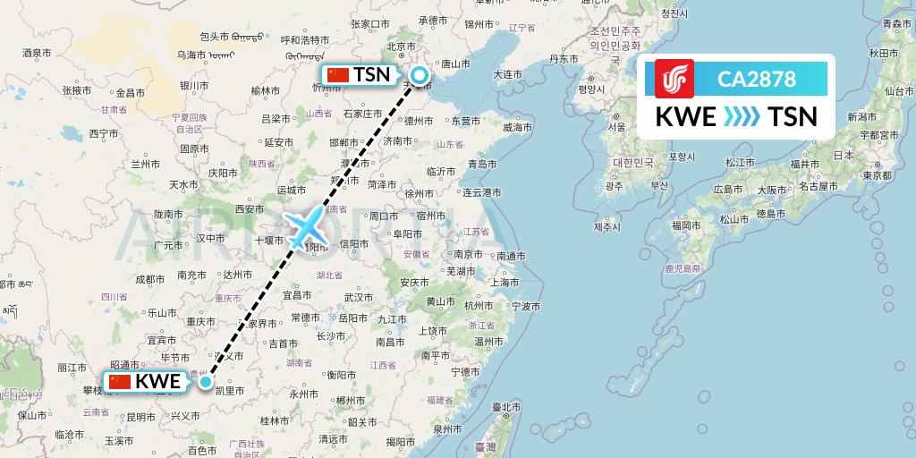 CA2878 Air China Flight Map: Guiyang to Tianjin
