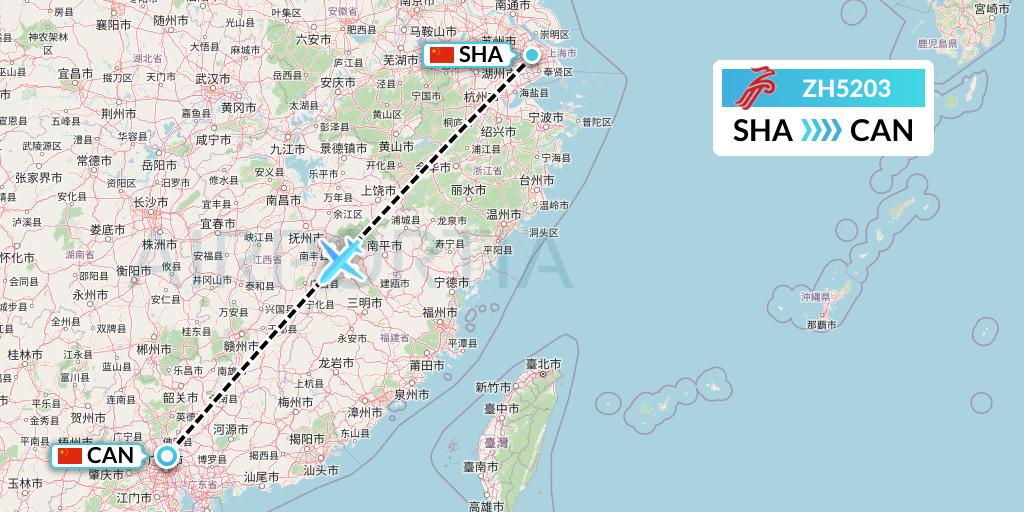 ZH5203 Shenzhen Airlines Flight Map: Shanghai to Guangzhou