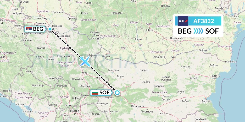 AF3832 Air France Flight Map: Belgrade to Sofia