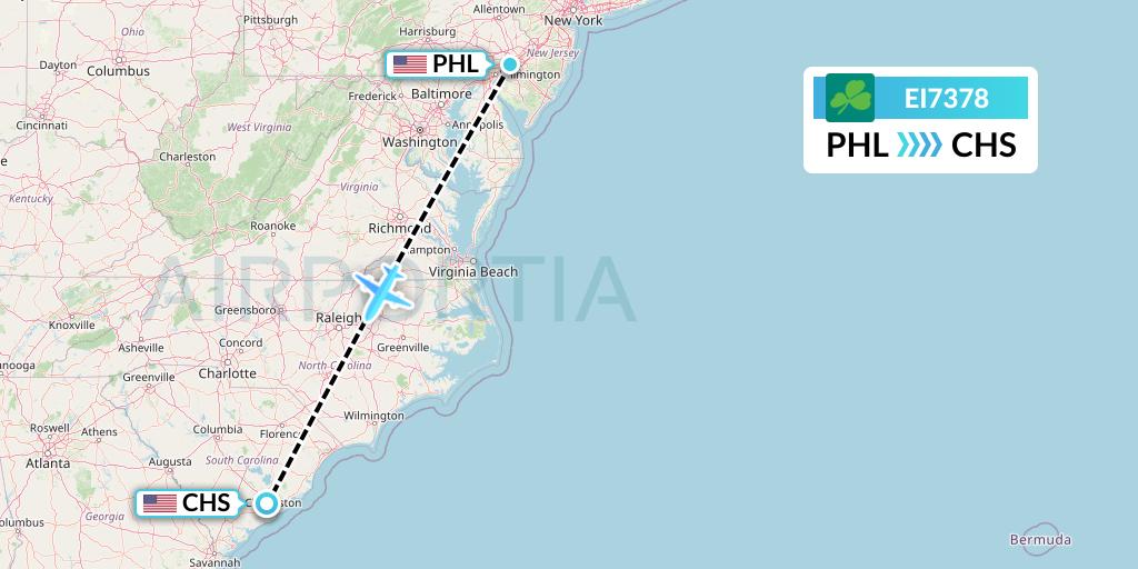 EI7378 Aer Lingus Flight Map: Philadelphia to Charleston