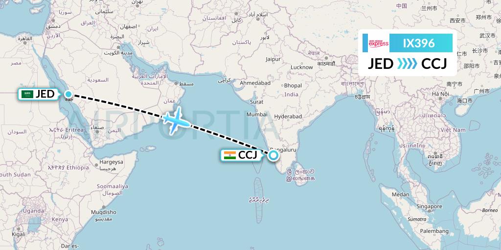 IX396 Air India Express Flight Map: Jeddah to Kozhikode