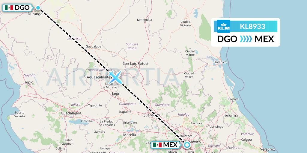 KL8933 KLM Flight Map: Durango to Mexico City