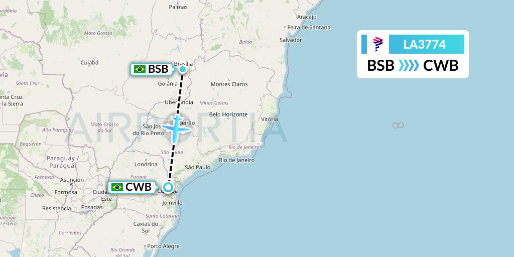 LA3774 LAN Airlines Flight Map: Brasilia to Curitiba