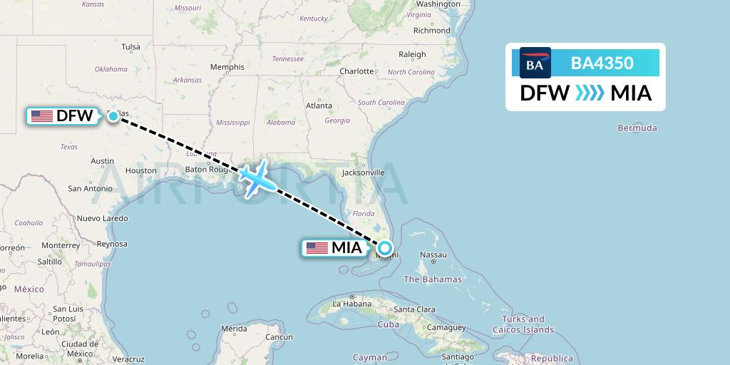 BA4350 British Airways Flight Map: Dallas to Miami