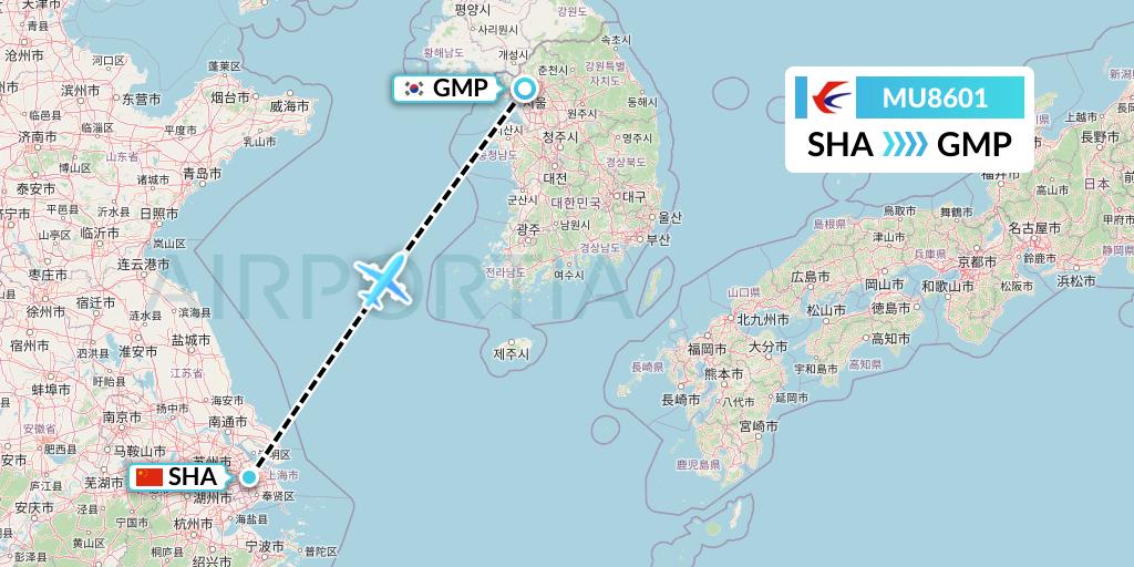 MU8601 China Eastern Airlines Flight Map: Shanghai to Seoul
