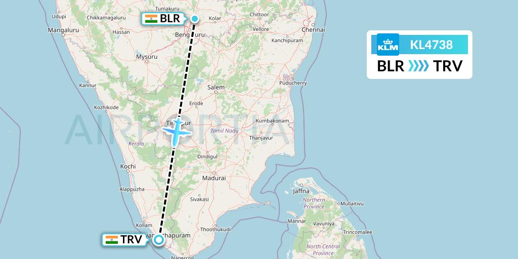 KL4738 KLM Flight Map: Bangalore to Thiruvananthapuram