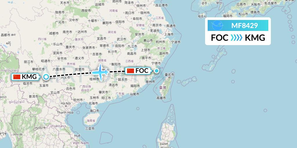 MF8429 Xiamen Airlines Flight Map: Fuzhou to Kunming