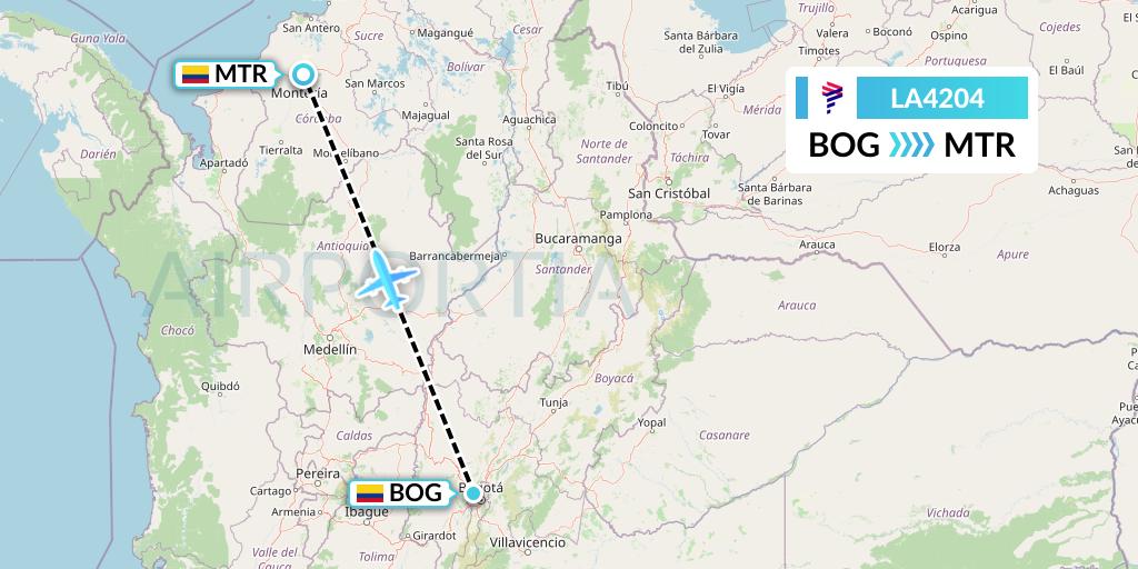 LA4204 LAN Airlines Flight Map: Bogota to Monteria