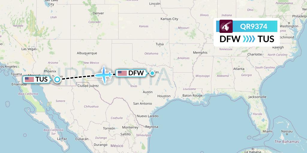 QR9374 Qatar Airways Flight Map: Dallas to Tucson