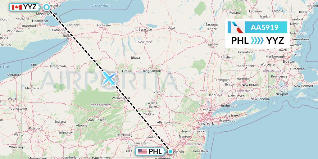 AA5919 American Airlines Flight Map: Philadelphia to Toronto