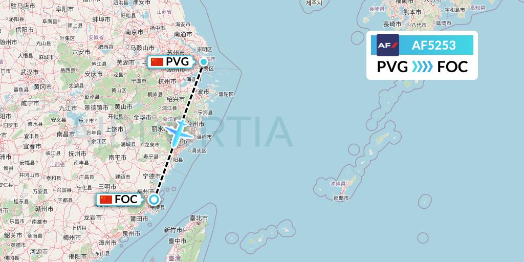 AF5253 Air France Flight Map: Shanghai to Fuzhou