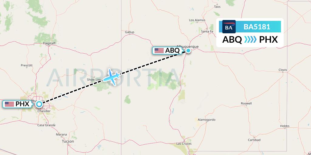 BA5181 British Airways Flight Map: Albuquerque to Phoenix
