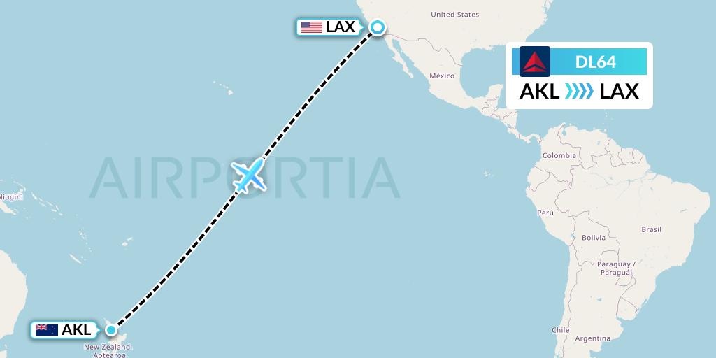 DL64 Delta Air Lines Flight Map: Auckland to Los Angeles