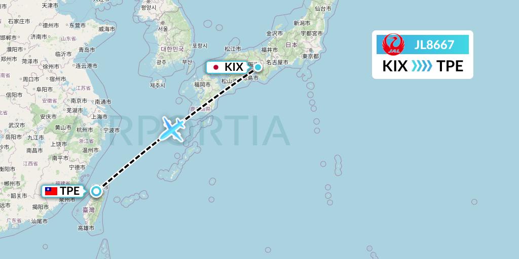 JL8667 Japan Airlines Flight Map: Osaka to Taipei