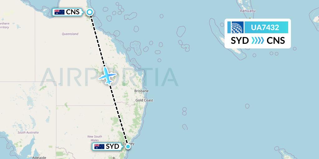 UA7432 United Airlines Flight Map: Sydney to Cairns