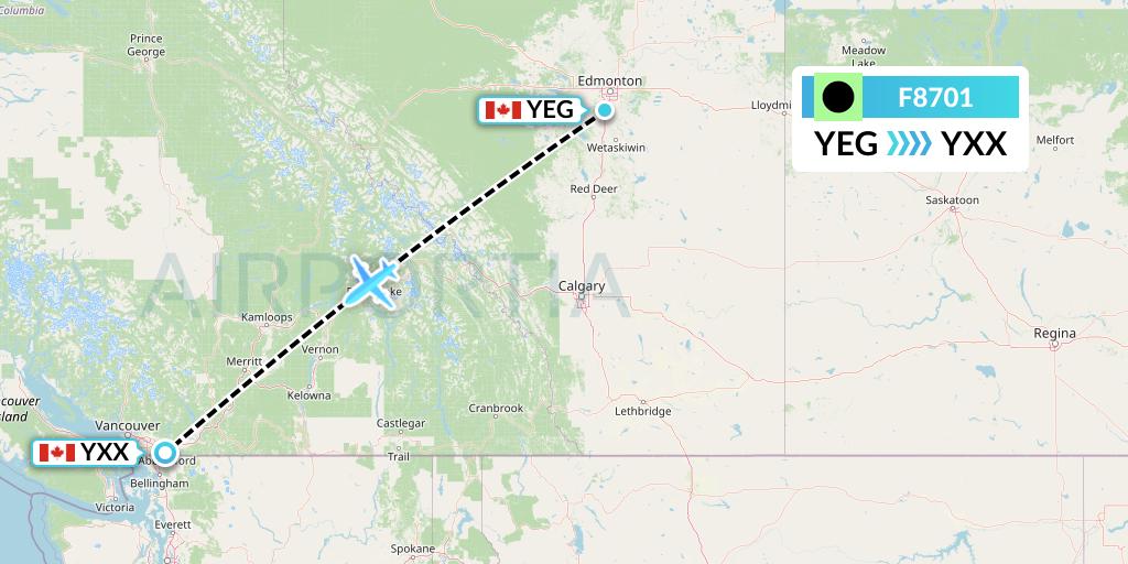 F8701 Flair Airlines Flight Map: Edmonton to Abbotsford